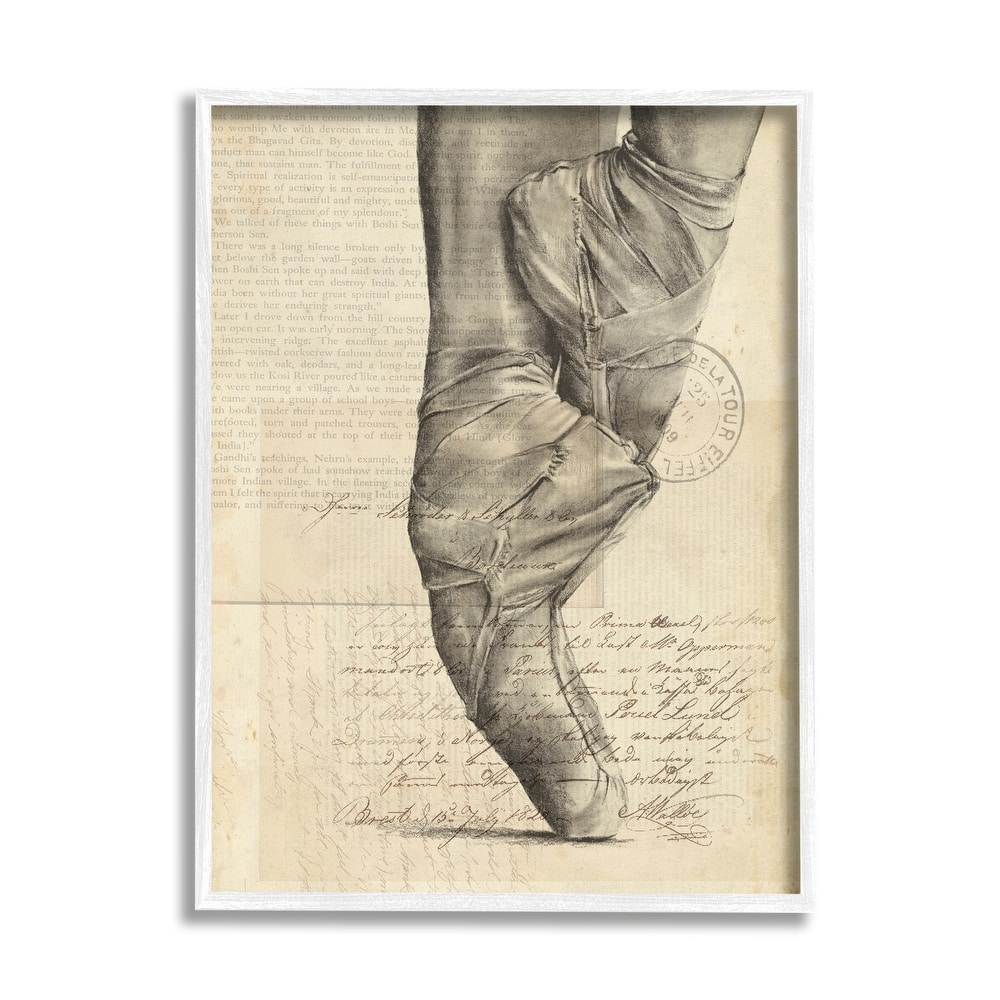 Stupell Ballerina Ballet Slippers Monochrome Vintage Text Collage Framed Wall Art - Brown
