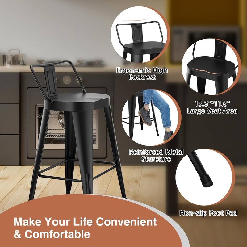 Industrial Metal Counter&Bar Stools Set of 4, 26" and 30" Seat Height Barstools with Large Seat and Low Back for Kitchen Island
