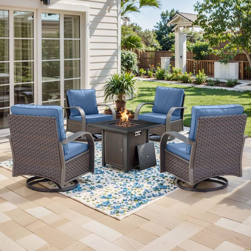 Propane Fire Pit with Outdoor Patio Funiture Set - Brown Rattan - Blue Cushion - 4 Swivel Chair with Fire Table