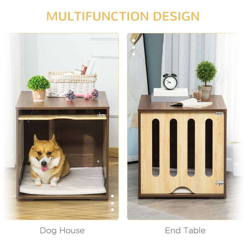 Decorative Dog Crate Bed with Cushion, Removable Door, and End Table Functionality for Small Dogs