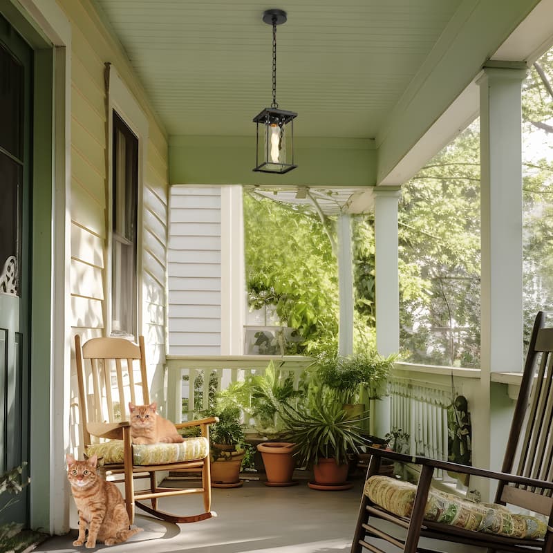 Modern 1-Light Black Outdoor Pendant Water Ripple Glass Porch Lantern - L 6.7" x W 6.7" x H 14.2"