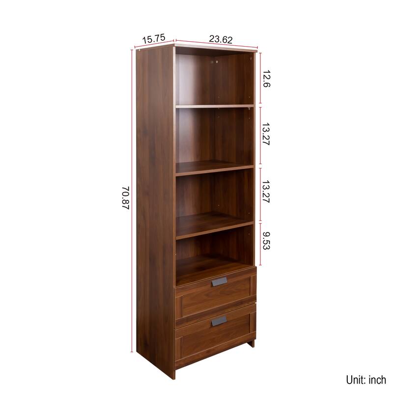 Anmytek Walnut Bookcase with 2 Drawers Tall Display Shelf for Living Room and Home Office Storage