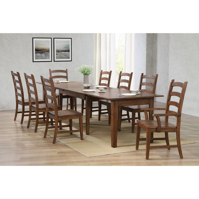 Extendable Dining Table Set for 12 - 9 Piece Rectangular Table & Chair Set - Amish Brown Finish