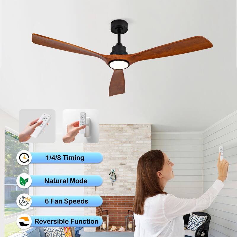 60 Inch Ceiling Fan With 18W Led Light 3 Solid Wood Blades Remote Control Reversible DC Motor For Home