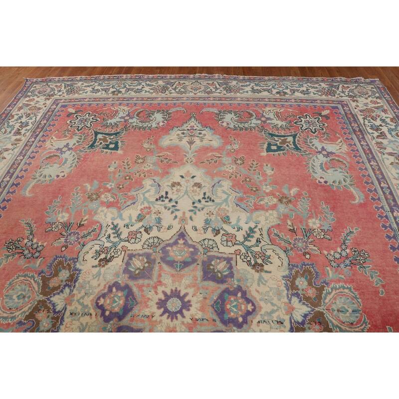 Distressed Tabriz Vintage Area Rug Handmade Wool Carpet - 9'8" x 12'8"