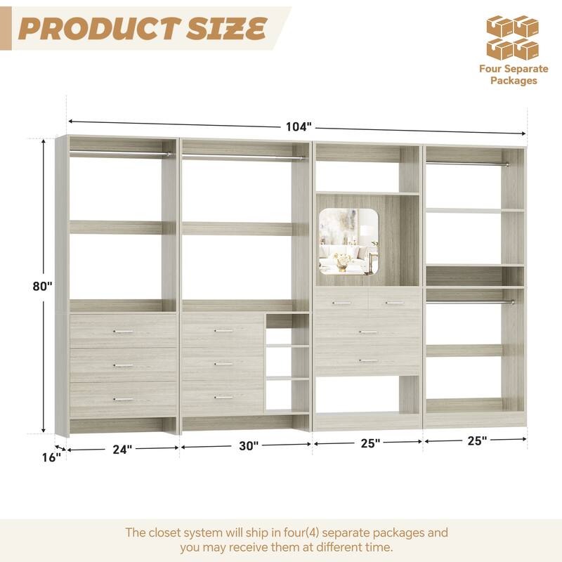 Cimly Set of 4 Closet Organizer with Drawers and Mirror, Freestanding Closet System with Hanging Rods