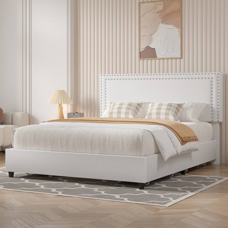 VECELO Upholstered Storage Bed Frames with 4 Storage Drawers, Platform Bed Frame with Adjustable Velvet Rivets Headboard