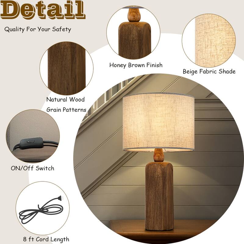 Farmhouse Traditional Natural Brown Solid Wood Base Table Lamp with Beige Fabric Shade for Bedroom Living Room（Set of 2)