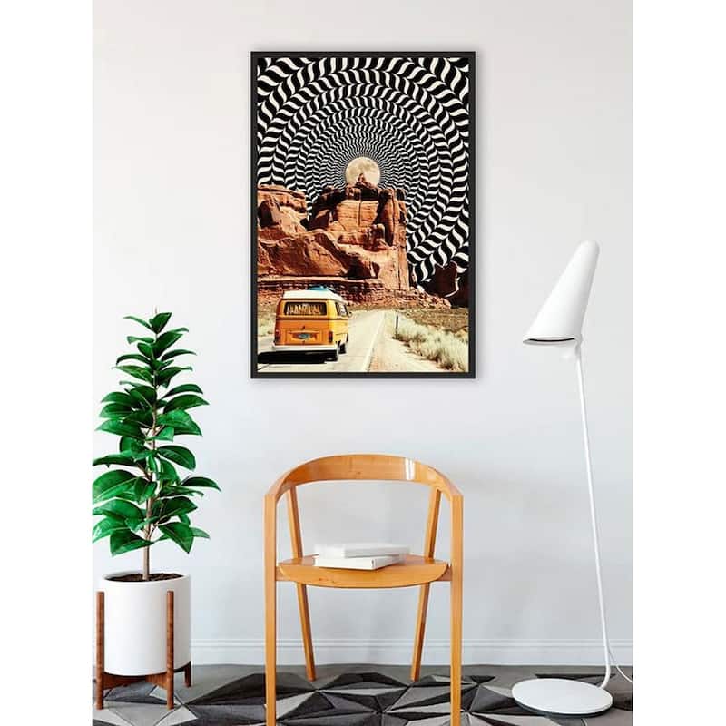 Optical Illusionary Moonlit Sky VW Van Desert Framed Poster - 24 x 36 Inch