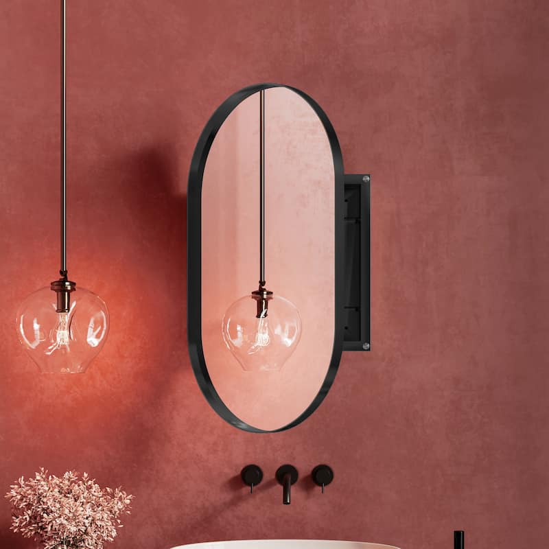 Oval Recessed Medicine Cabinet,Metal Framed Bathroom Wall Cabinet with Mirror and Adjustable Shelves,Wall Mirror with Storage