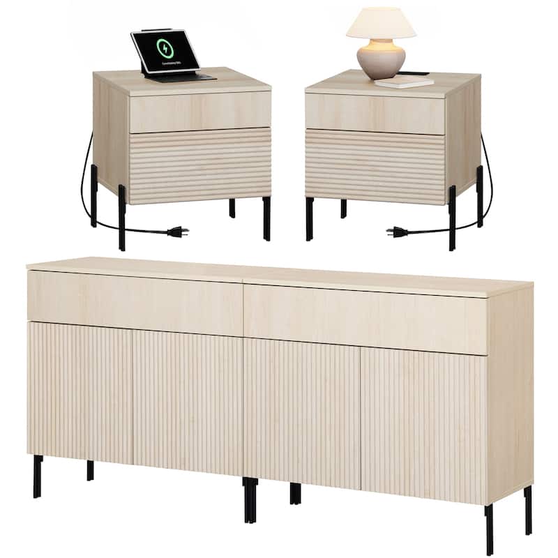 4 Pcs Bedroom Set，Wooden Dresser and Nightstand Sets, Reeded Dresserwith Doors, Night Stand of 2 with Charging - Beige