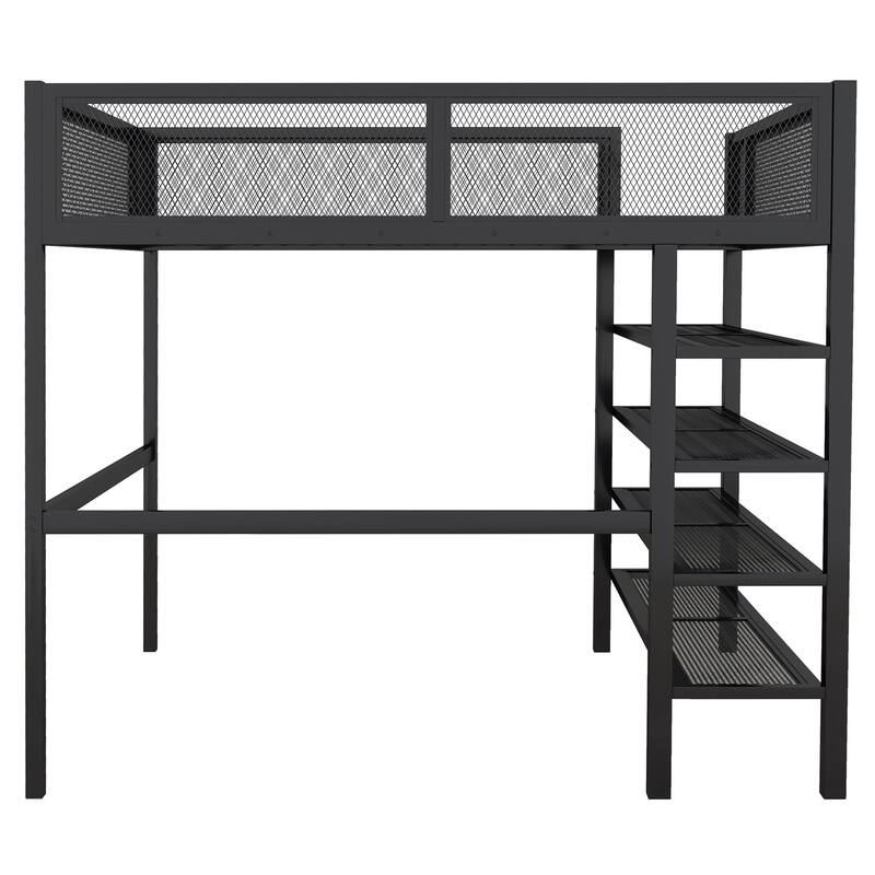 HomeRoots Black Platform Metal Full Double Loft Bed With Shelves