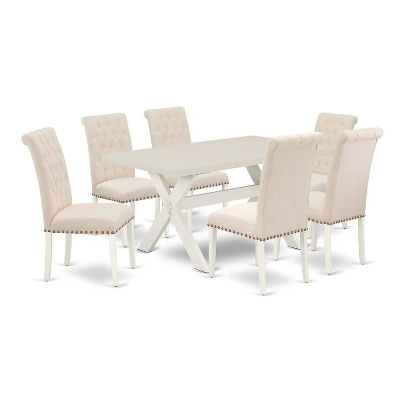 7 Piece Dining Set - Rectangle Table with X Legs & 6 Linen Chairs - 36x60 Inch - Modern Kitchen Dinette - 60