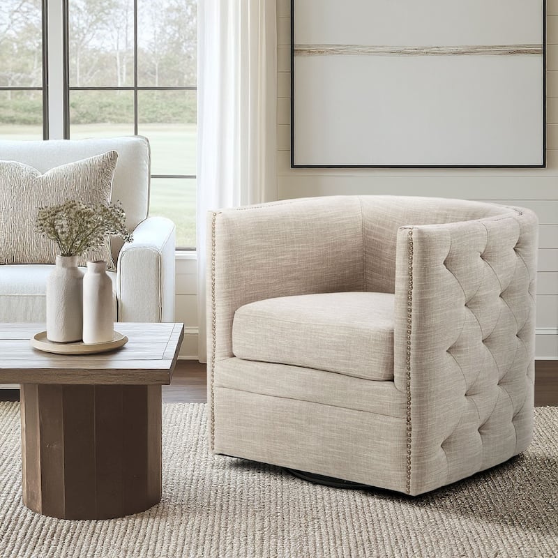 Madison Park Capstone 360-degree Swivel Barrel chair with Tufting and Nail heads - Taupe Multi