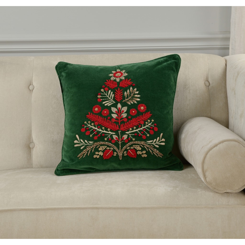 Rizzy Home Holiday Tree Velvet Embroidrered Throw Pillow