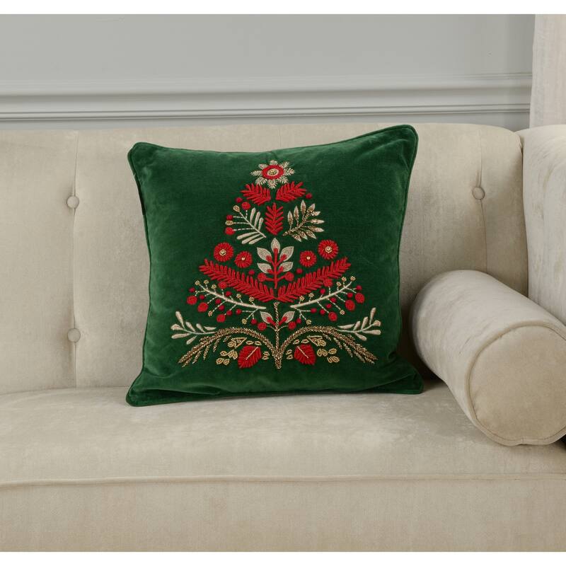 Rizzy Home Holiday Tree Velvet Embroidrered Throw Pillow
