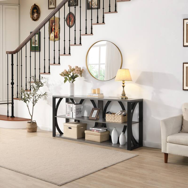 console table with open storage shelf