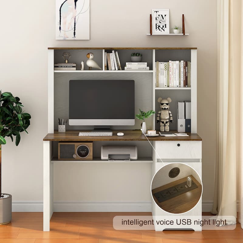 51.18" Computer Desk, Modern Executive Desk with Drawers and Cabinet, Home Office Desk with Charging Station for Work, Study