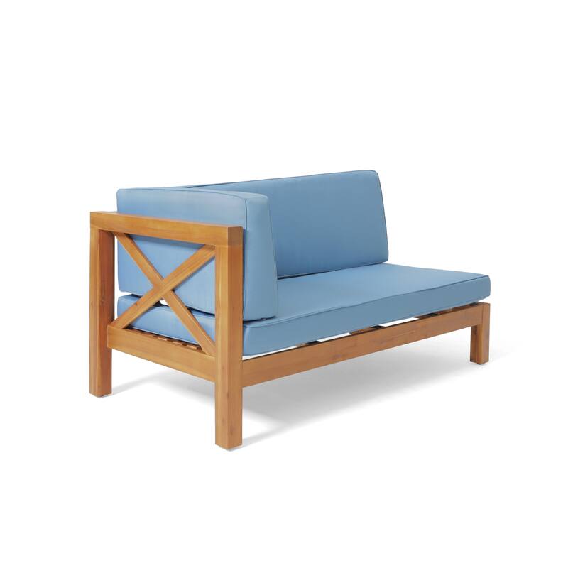 Roomfitters Outdoor Sectional Sofa Left Corner Bench with X-Back Acacia Wood Frame and Cushions