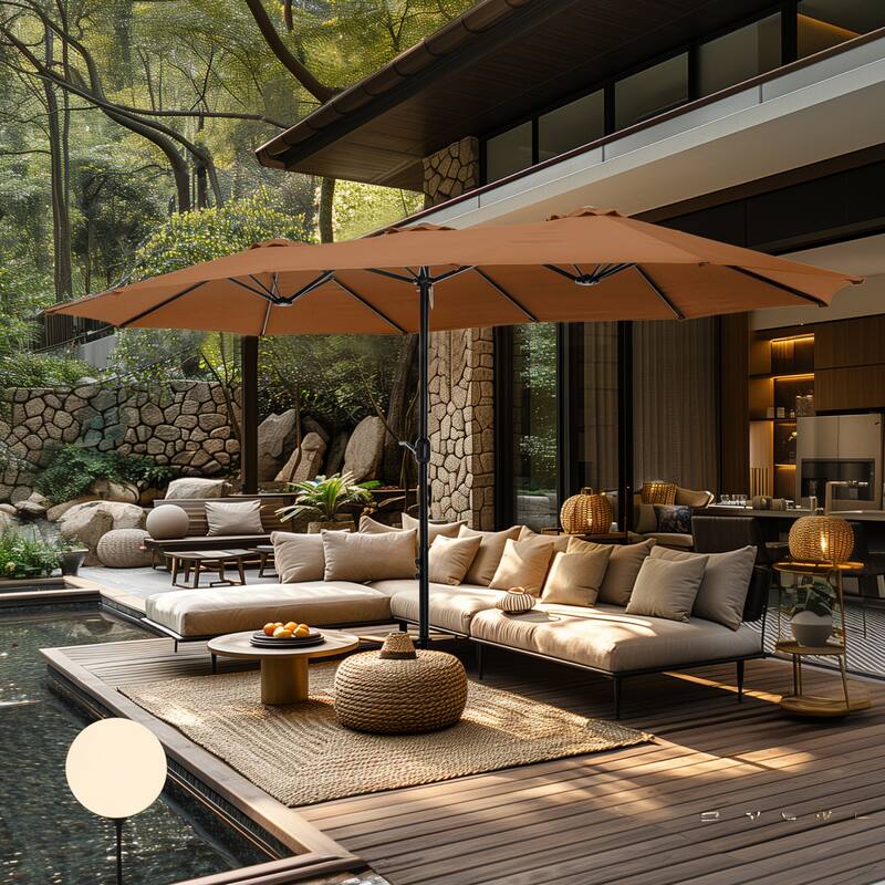 MAISON ARTS 15ft Double-Sided Patio Extra Large Twin Umbrella with Base Included - Tawny