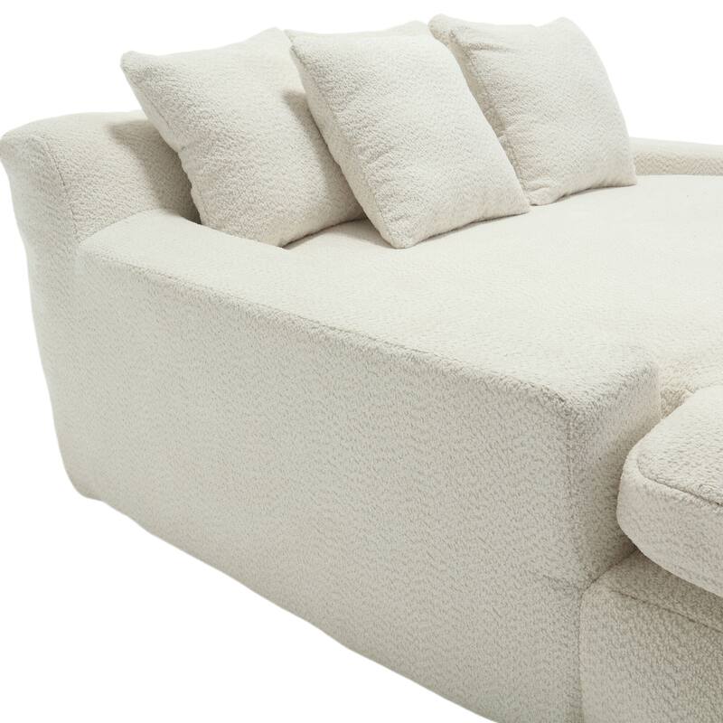2-seater Lazy Sofa Bed with 5 Back Pillows, White Chenille for Living Room