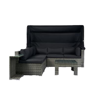 7 Piece L Shaped Patio Sectional Sofa Set for 6 People, Versatile Outdoor Rattan Sunbed Daybed with Retractable Canopy