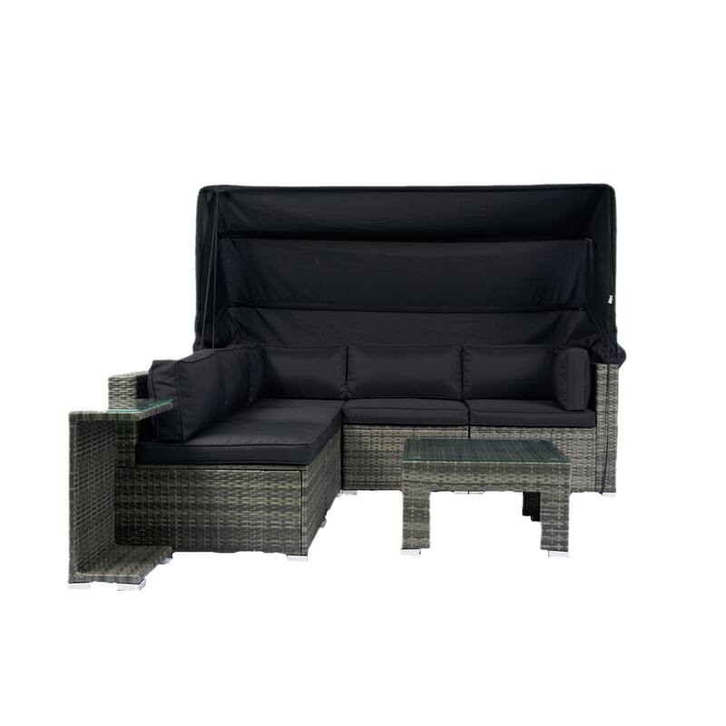 7 Piece Patio Furniture Set, Outdoor Rattan Sectional Sofa Set with Retractable Canopy, Cushions and Coffee Table