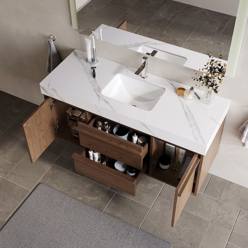 48"Mid Century Modern Wall-Mounted Bathroom Vanities,Single Sink,Brown Wood Texture with Sintered Stone Table top