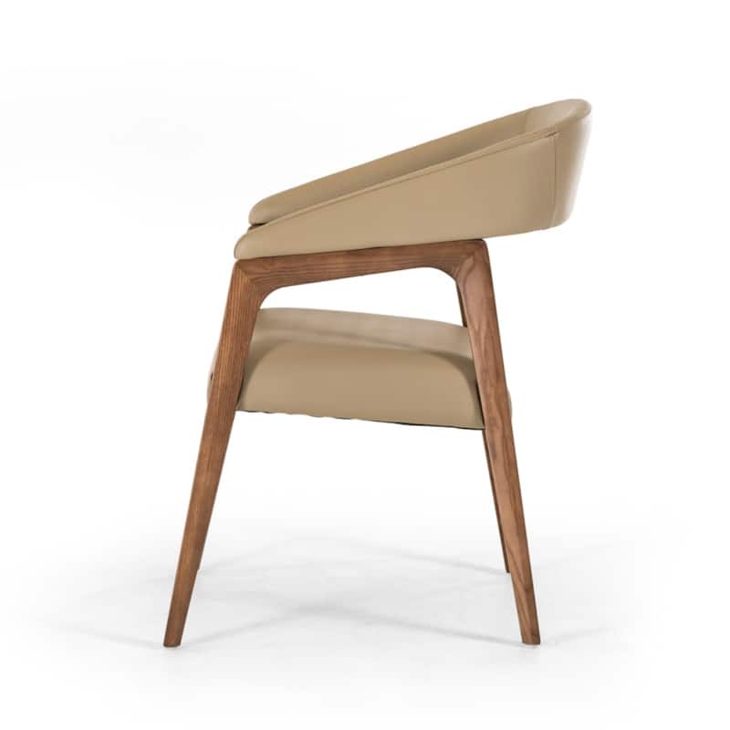 31"Tall Contemporary Dining Armchair in Taupe Faux Leather with Curved Wood Back and Brown Wood Legs - 31"H x 21"W x 24"D