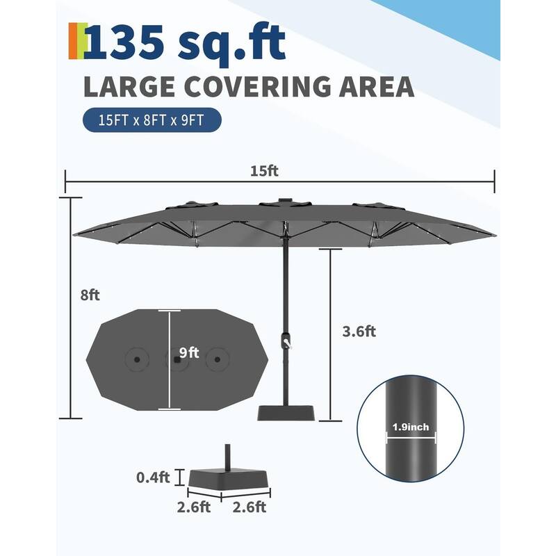 Coromose 15FT Large Patio Umbrella, with Solar Lights, for Deck Poolside Backyard