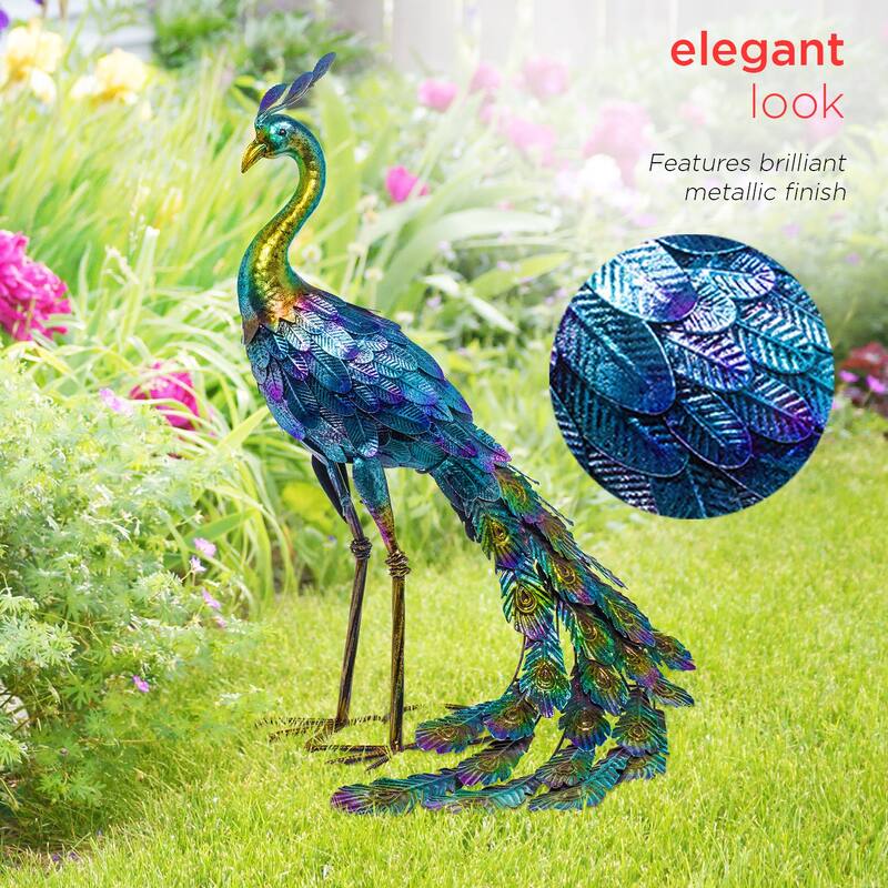 Alpine Corporation 23" Tall Outdoor Metallic Peacock Tail Spread Yard Statue Decoration, Multicolor