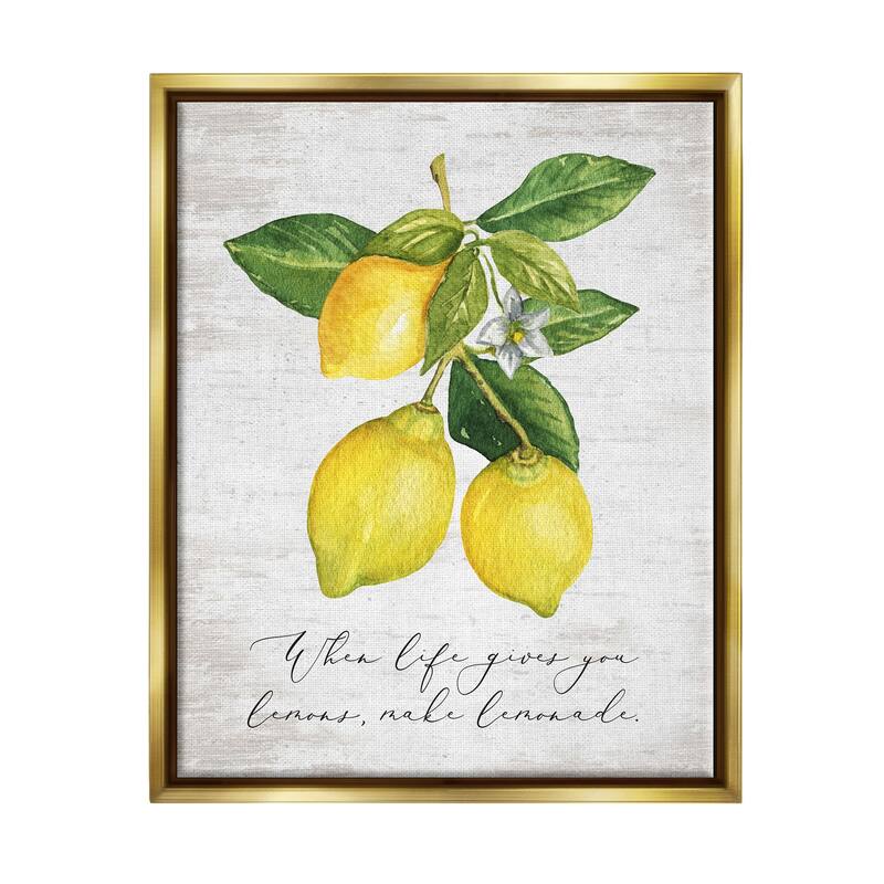 Stupell Life & Lemons Phrase Framed Floater Canvas Wall Art Design by Lettered and Lined - 25 x 31 - Gold