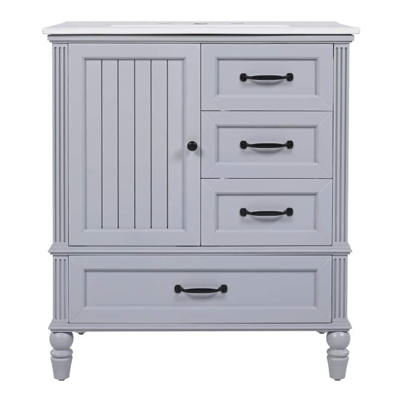 30" Bathroom Vanity with Ceramic Sink Top, Modern Bathroom Storage Cabinet with 1 Door, 3 Drawers and Solid Wood Legs