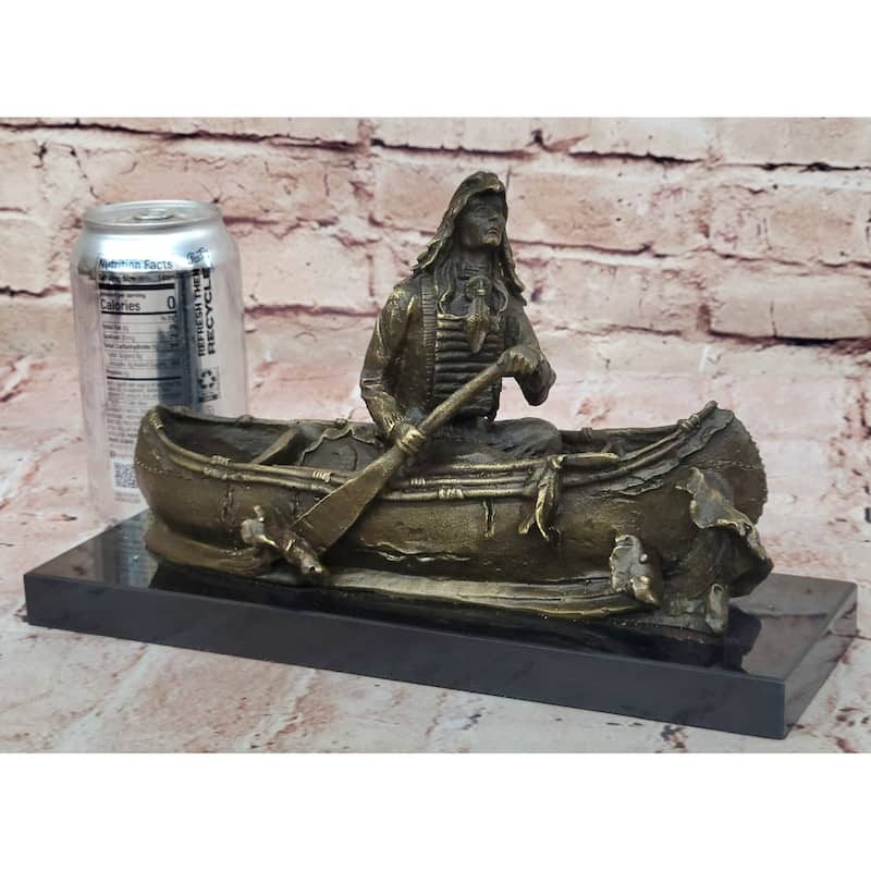 Native American Indian Man In Canoe Bronze Statue Sculpture Figure 7 Inches X 10 Inches