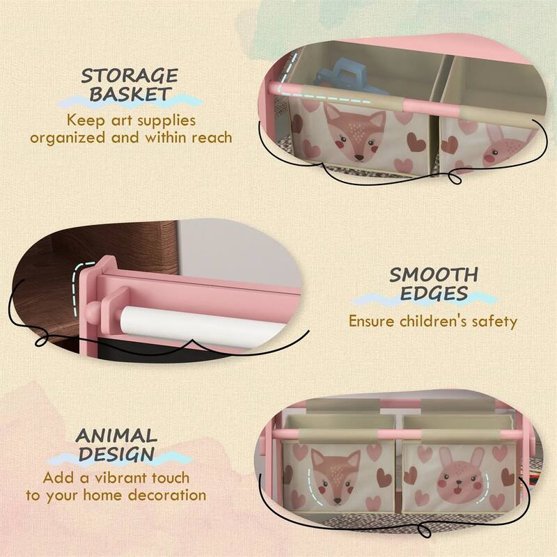 3-in-1 Kids Art Easel with Chalkboard Whiteboard Paper Roll Storage Baskets Animal Design for Toddlers Ages 3-8 Pink