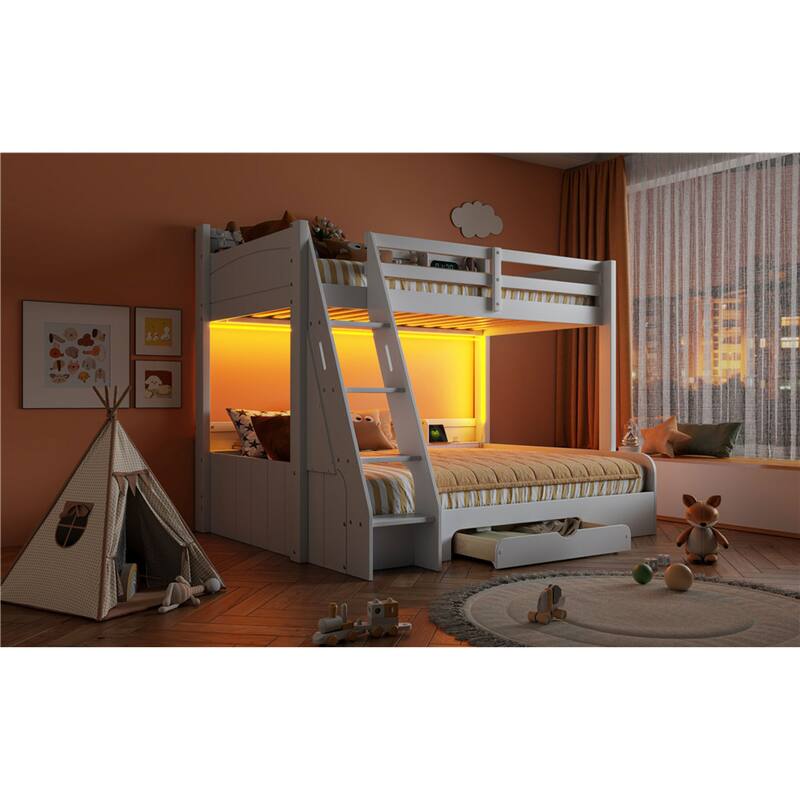 Roomfitters Twin Over Full Bunk Bed with Storage Shelves, LED and Charging Station