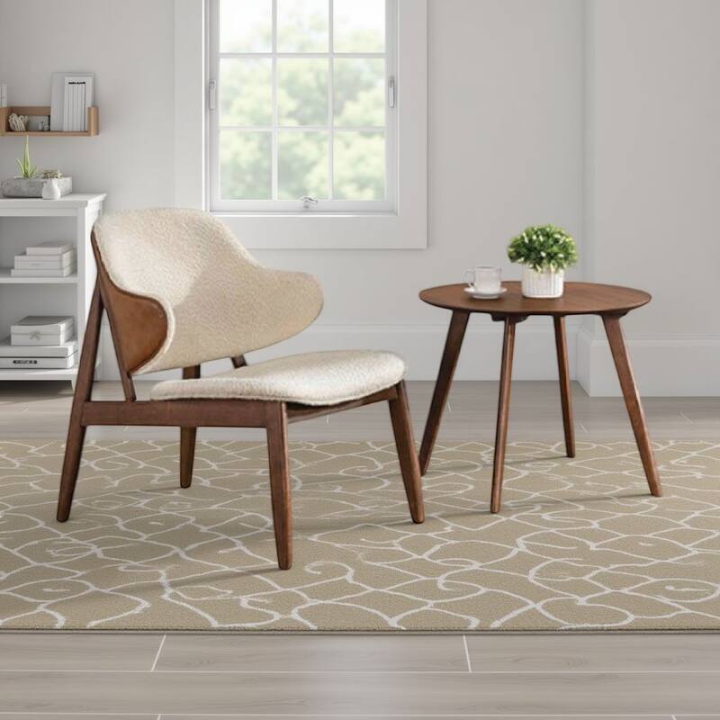 Ary 2pc Accent Table and Wingback Chair Set, Beige Boucle, Walnut Brown