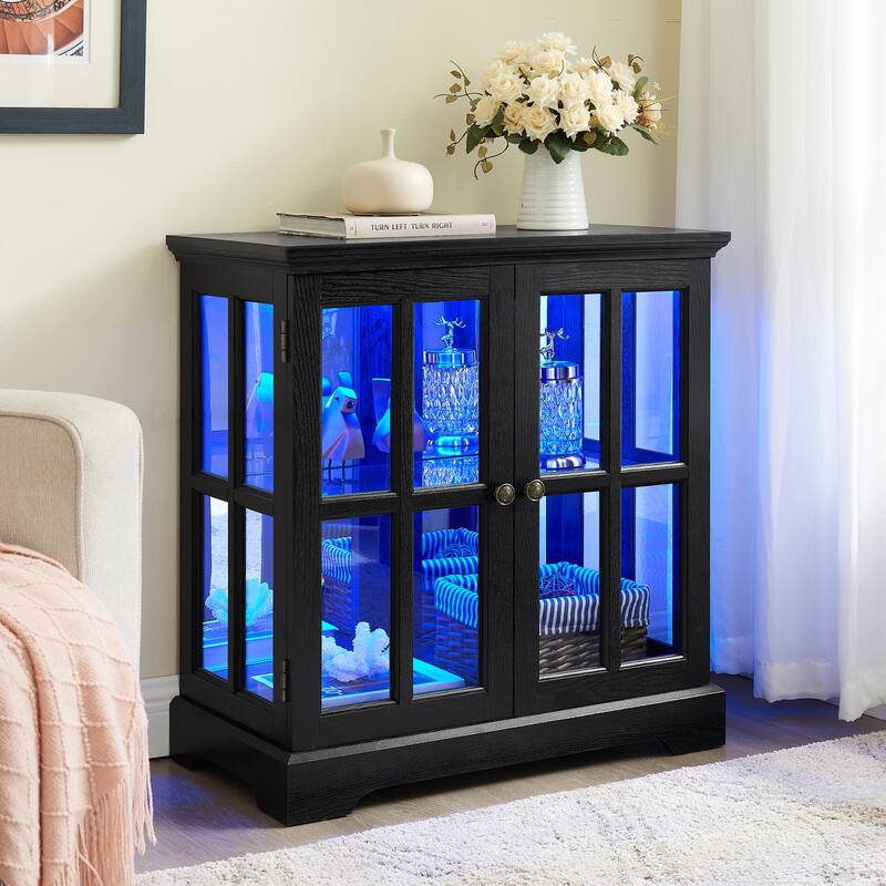 LED Curio Display Cabinet with Grille Doors, Antique Display Cabinet with Adjustable Shelves, Wooden Accent Storage Cabinet
