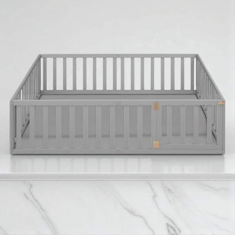 Full Size Wooden Floor Bed Frame with Fence and Door, Montessori Daybed for Kids, No Slats Needed