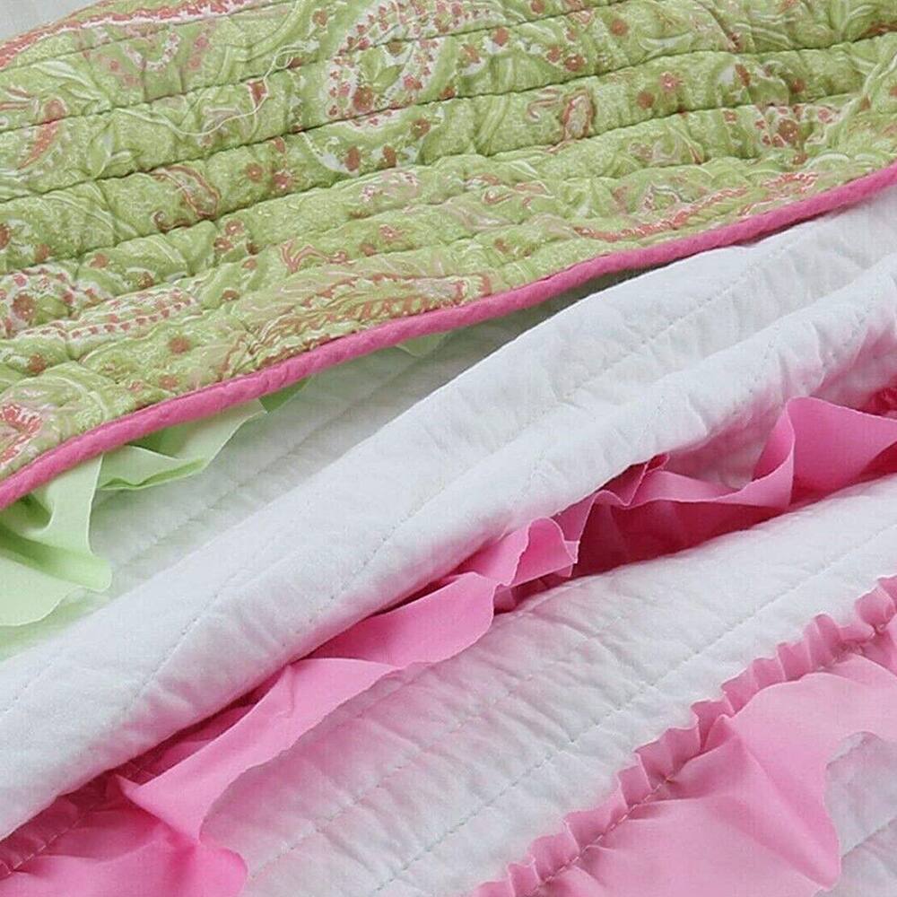 Full/Queen Chic Ruffle Girl Cotton Quilt Set Pink Green Bed Bath