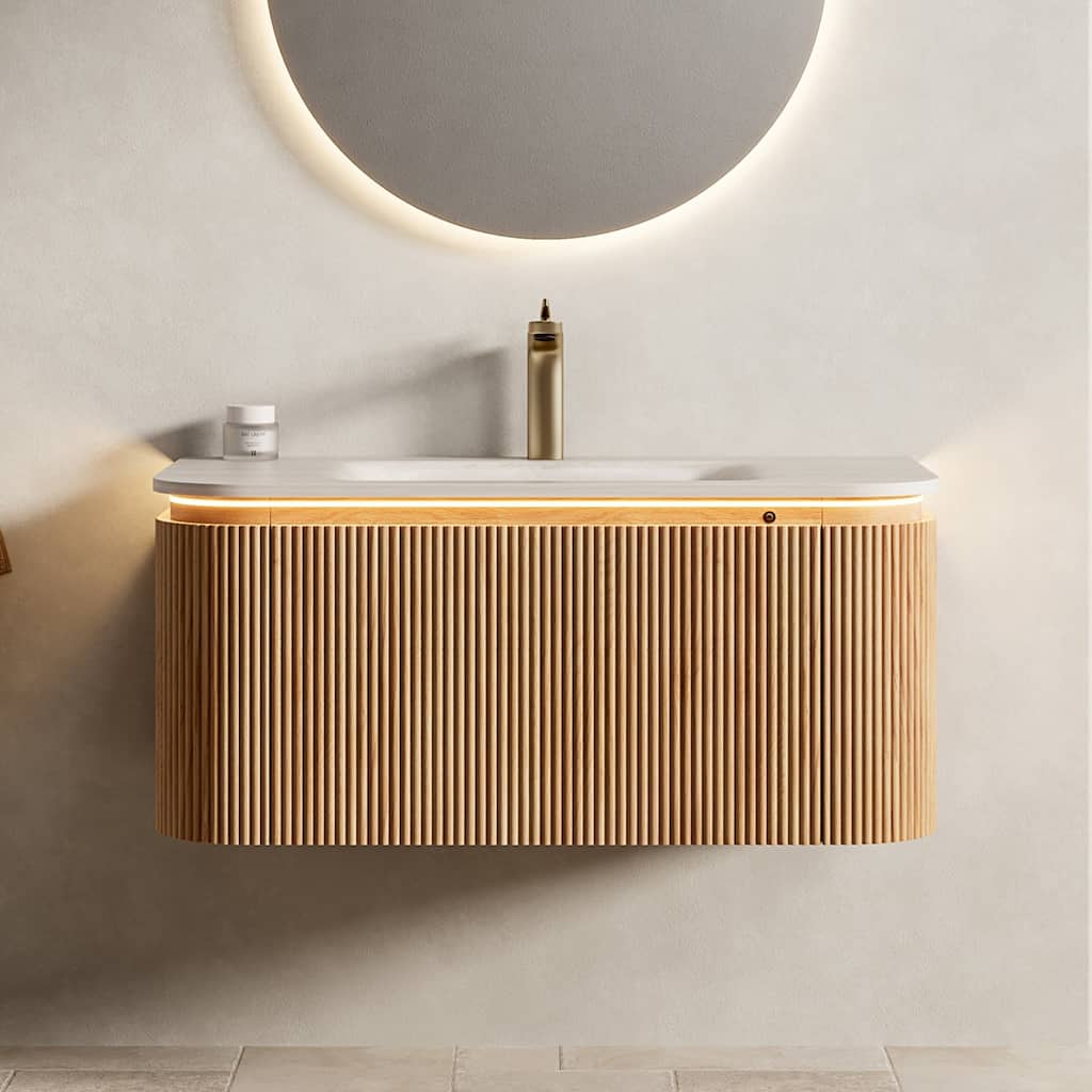 36"/48" Floating Bathroom Vanity with Sink, Sintered Stone Hot-Press Integrated Basin, LED Bathroom Vanity Cabinet