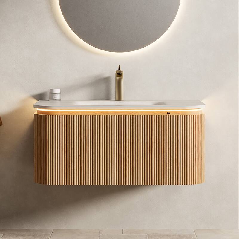 36" Pre-Assembled Floating Bathroom Vanity with Sintered Stone Sink & Sensor Light - Oak