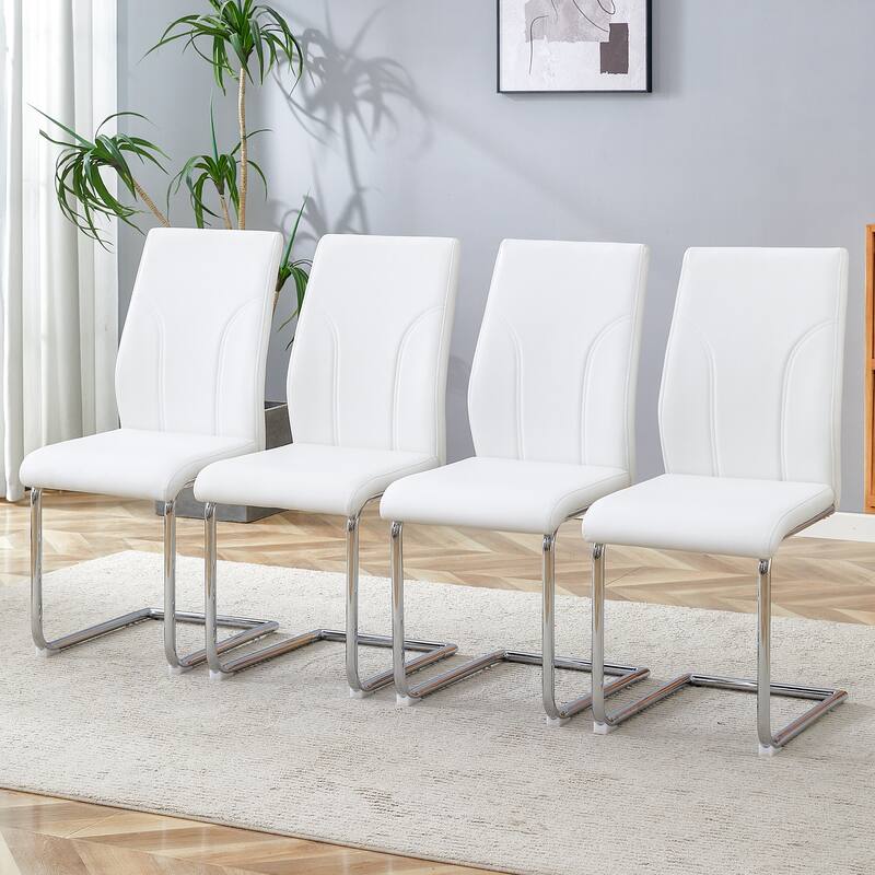 Modern 4 Piece PU Leather Dining Chairs with High Backrest, Cushioned, Metal Legs for Dining Room Kitchen Bedroom Living Room - White