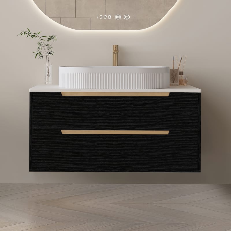 GDFStudio - Luxury 36" Floating/Freestanding Sintered Stone Bathroom Vanity with Ceramic Vessel Sink & Soft-Close Drawers - Black,Gold,White