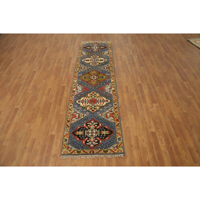 Hand Knotted Oriental 100% Wool Carpet Traditional Geometric Greys & Charcoal Kazak Runner Rug - 9' 9'' X 2' 7''