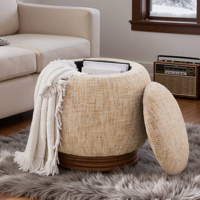 Round Storage Pouf Ottoman Footstool with Flip-top and Acacia Frame