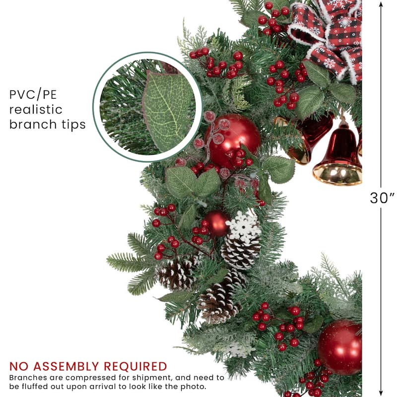 Red Bells Mixed Foliage Artificial Christmas Wreath, 30-Inch, Unlit