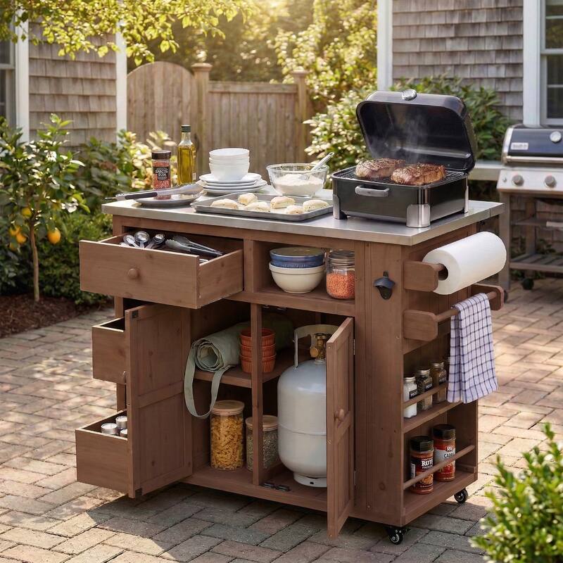 Outdoor Solid Wood Extendable Kitchen Island with Stainless Steel Top, Side Spice Rack, Drawers & Storage Cabinet - Brown