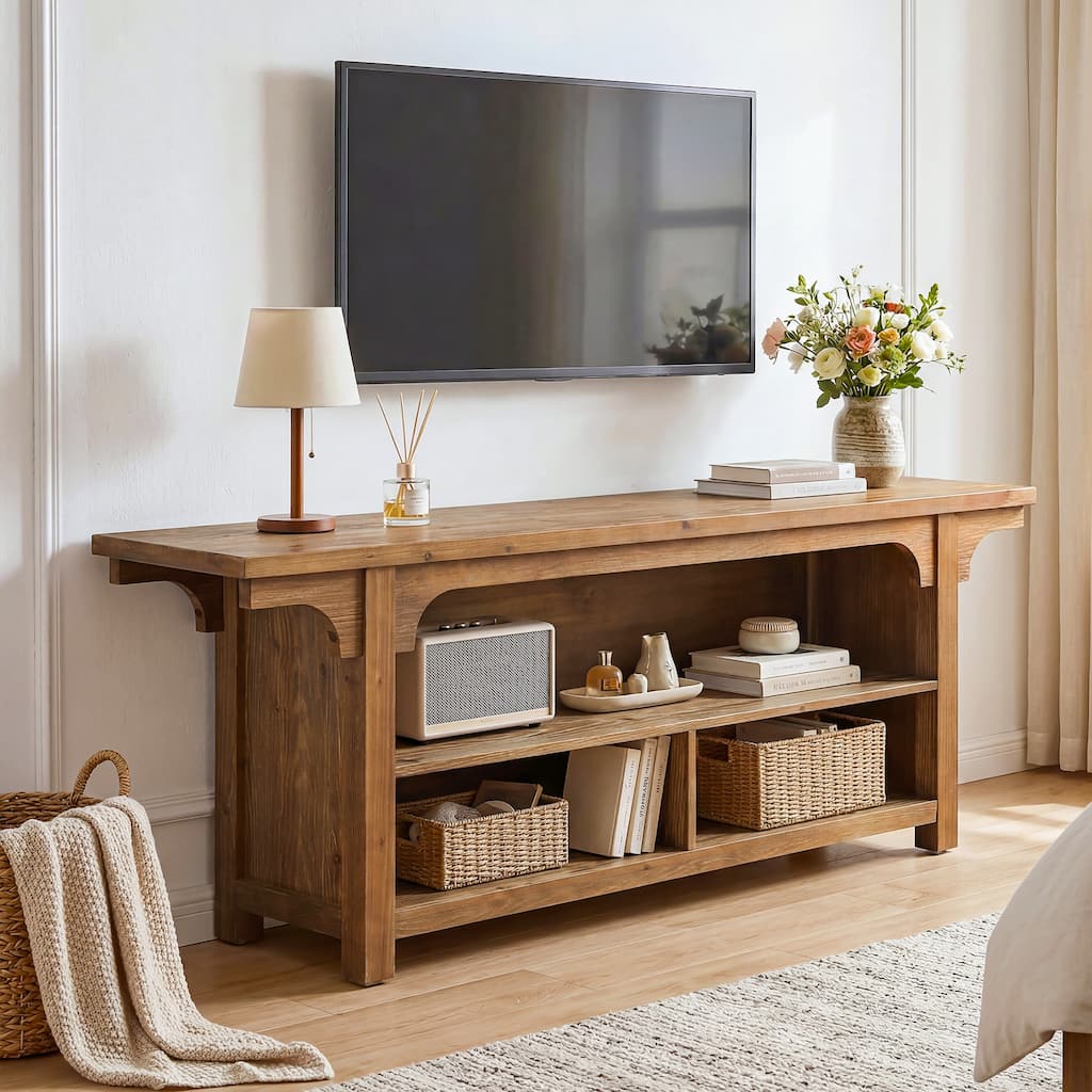 63 Inch Solid Wood TV Stand for TVs Up To 70" with 3 Open Storages - 13.78'' D×63'' W×23.62'' H