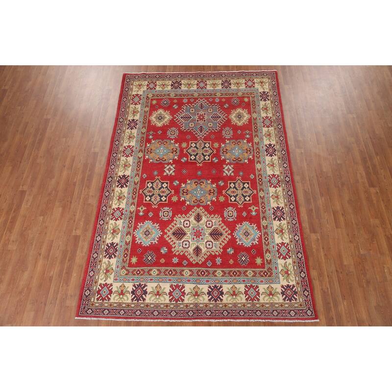 Hand Knotted Oriental 100% Wool Carpet Traditional Geometric Red Kazak Area Rug - 9' 11'' X 6' 6''